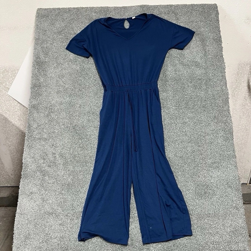 Antares Jumpsuit Womens Large Blue Short Sleeve Wide Leg Tie Waist One Piece